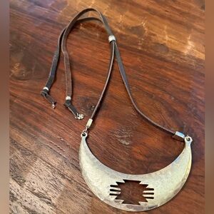 Vintage Lucky Brand Silver Crescent Necklace with Adjustable Brown Leather Cord
